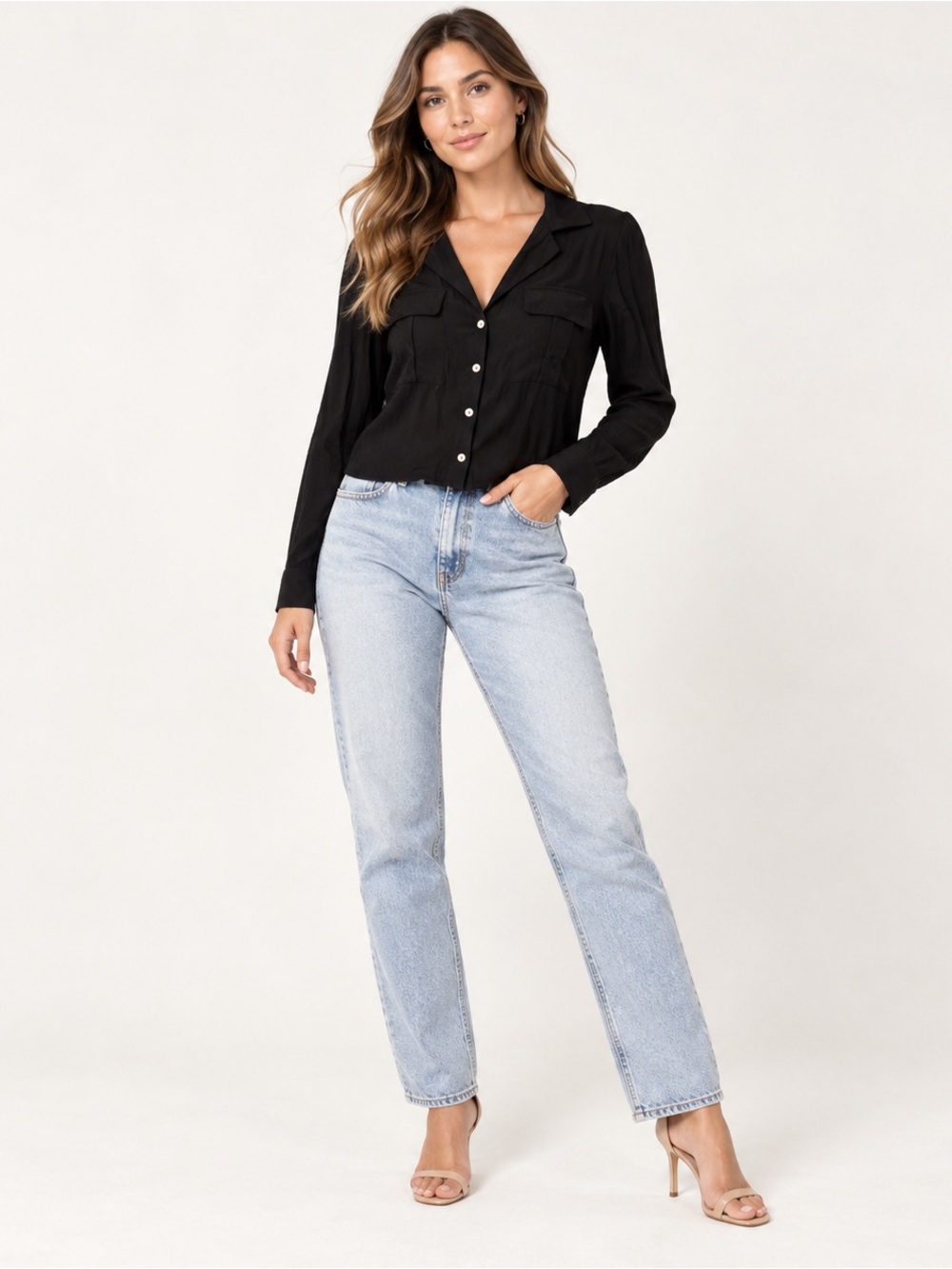 Zara Button Down Shirt Top Long Sleeve Pockets Black Blouse Size M